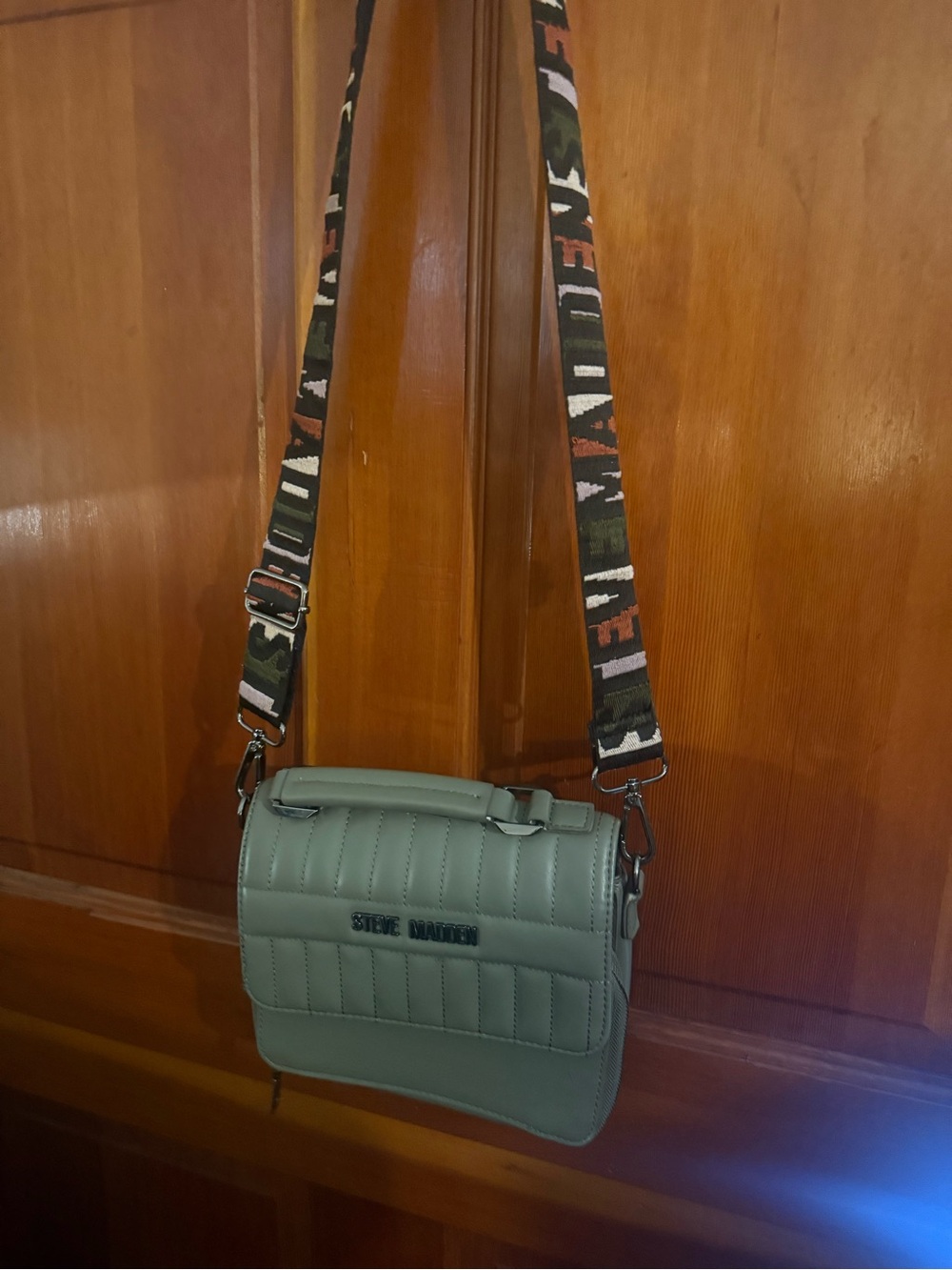 Steve Madden Quilted Sage Green Crossbody with Patterned Strap